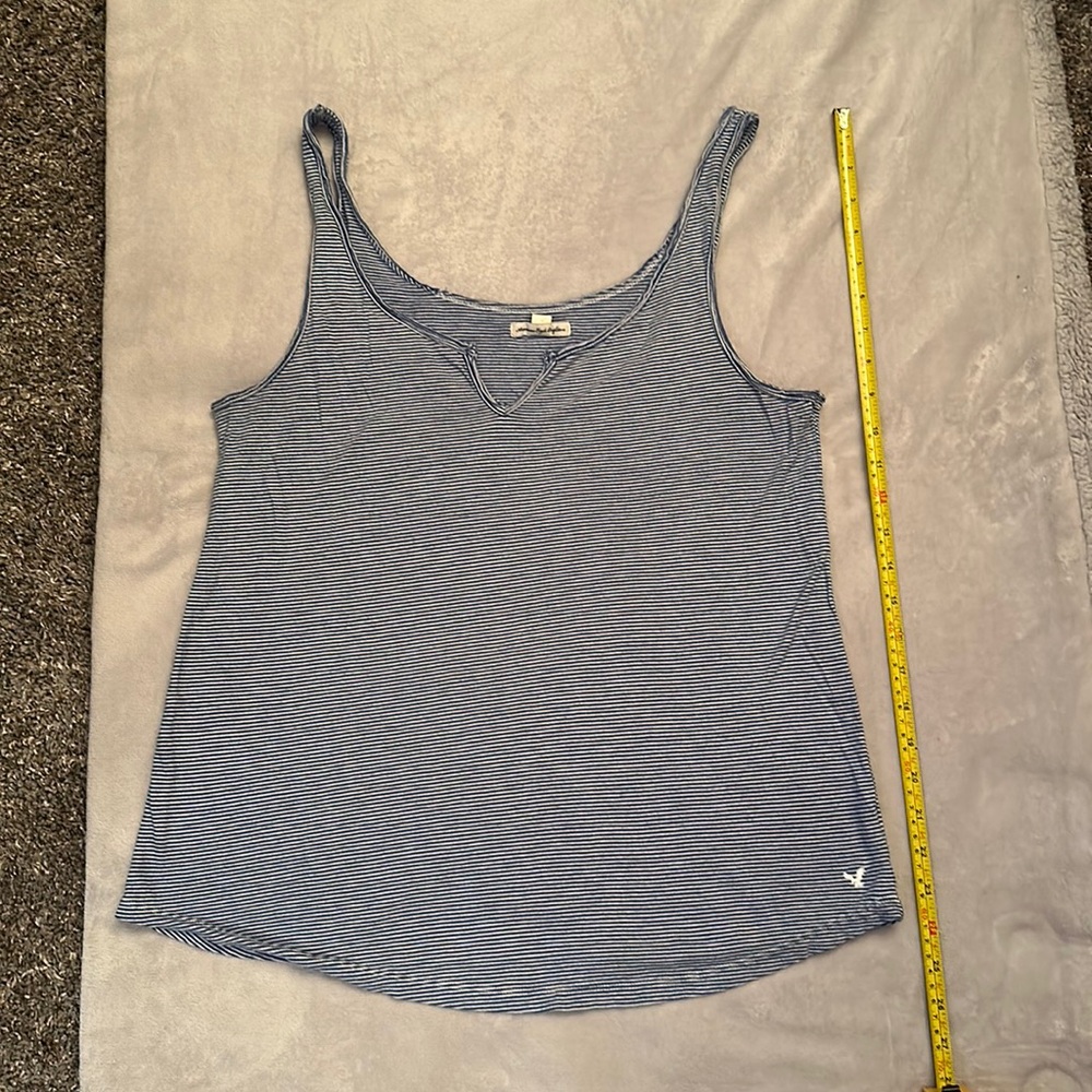American Eagle Outfitters Blue and White Striped Tank Size: Large